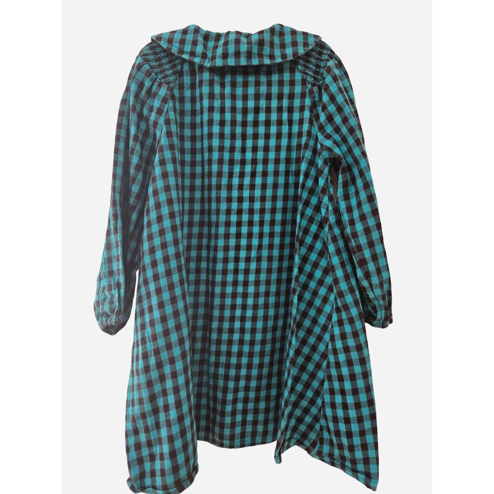 Next Girls Teal Black Gingham Check Smocked Button Down Dress Size 6-7 Years - Picture 4 of 5